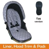 Matching Liner, Hood Trim & Harness Pads Package to fit egg Pushchairs - Silver Star Design